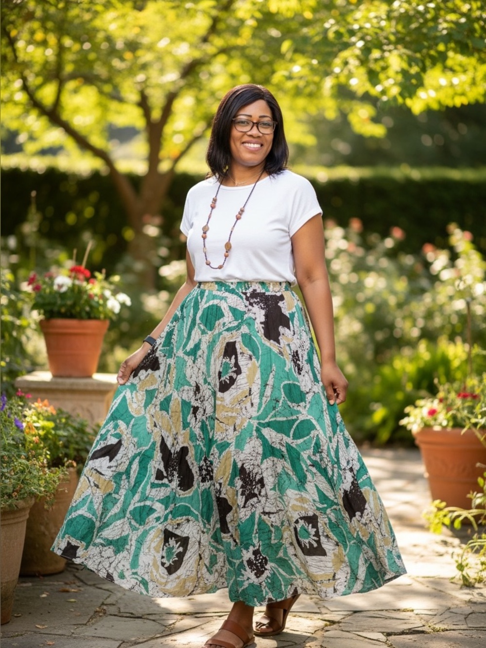 Coldwater Creek Teal Brown Floral Batik Maxi Skirt Medium A-Line Cotton Silk